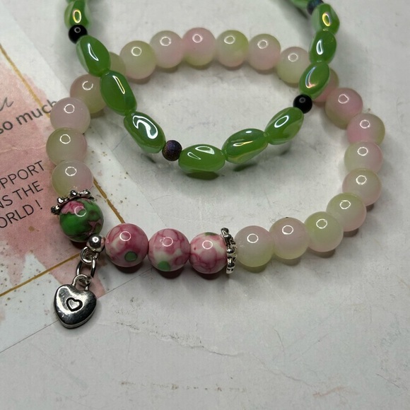 Green & Pink Gemstone Heart Charm Bracelet Set - Picture 3 of 3